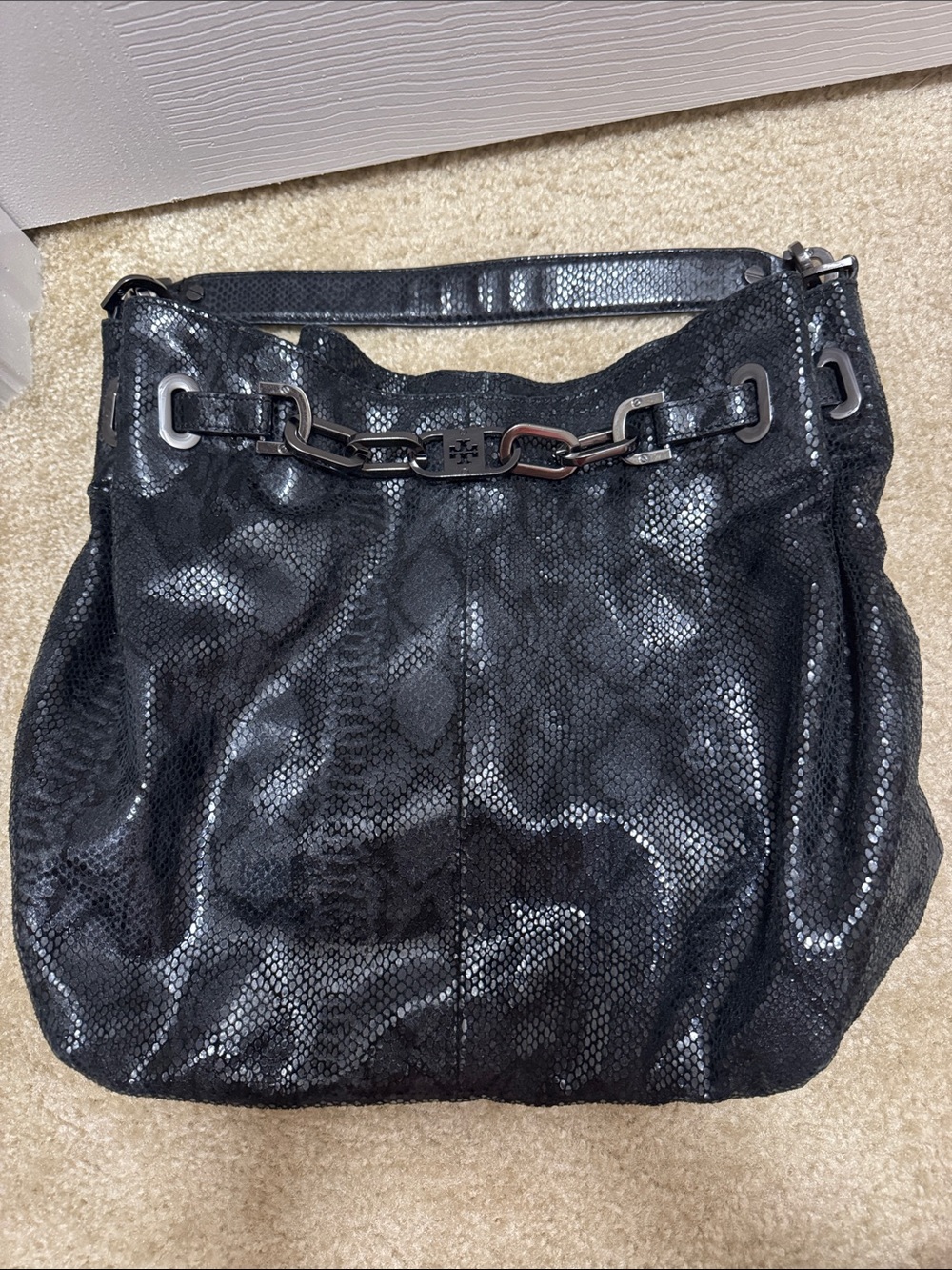 Tory Burch Leather Snakeskin Embossed Chain-Trim Hobo Bag